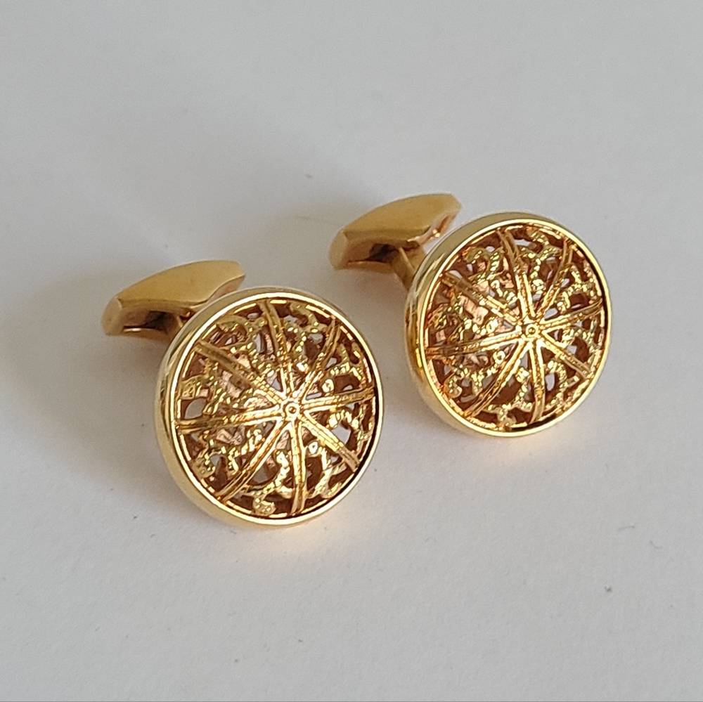 Vintage Men's Formal Evening Luxe Gold Plated Openwork Filigree Round Cufflinks
